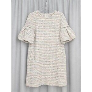 LOFT Multicolor Confetti Textured Tweed Elbow Puff Sleeves Shift Dress Pockets